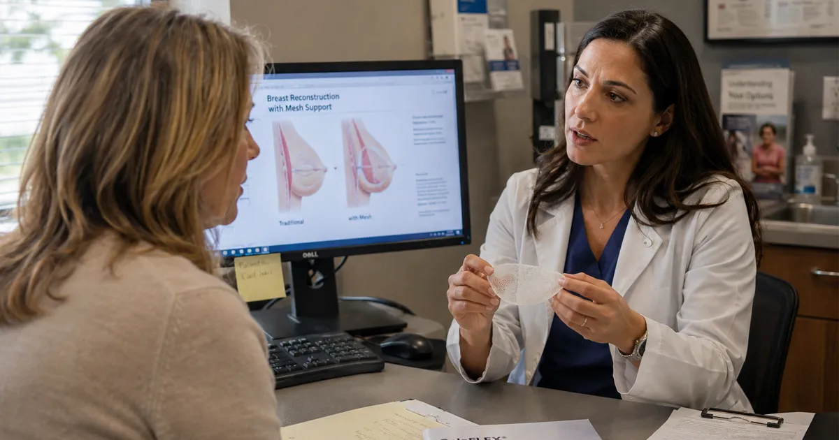 Woman reviewing medical paperwork after breast surgery