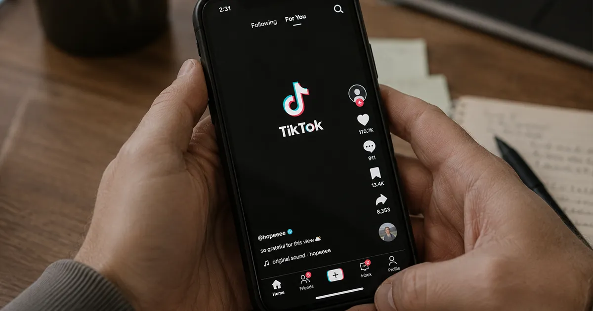 Concerned father looking at phone with TikTok app open